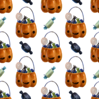 seamless pattern with pumpkin basket and sweets, sugar, candies, lollipops. Loopable Halloween design png