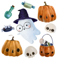 funny isolated clipart with cartoon white ghost with wizard hat with pumpkins and skull, spider, green jar and candy. png