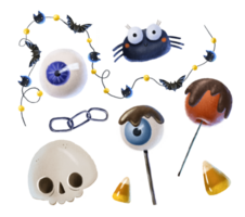 Set with Halloween isolated elements. Eye, skull, chain, candy corn , black spider and lollipops with dark chocolate, garland with cats and bats with yellow lights png