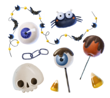 reeks met halloween geïsoleerd elementen. oog, schedel, ketting, snoep maïs , zwart spin en lolly met donker chocola, slinger met katten en vleermuizen met geel lichten png