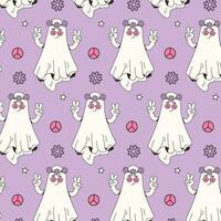 Pattern for Halloween. Retro Groovy cartoon elements and hippie ghost character. Vector illustration