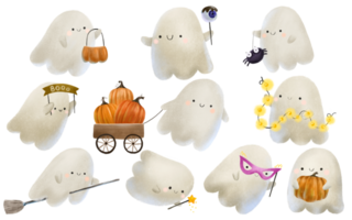 clipart with cartton halloween ghost. Spirits with pumpkins, truck,playing with black spider, flying on wizard broom, magic wand and yellow lamp garland. Halloween funny caspers , isolated art png