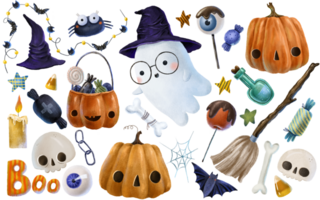 Holiday Halloween set of  elements for design. Set with halloween isolated elements.  Pumpkin, witch's cauldron, candy,  ghosts, candy, eyes, skulls. Hand drawn illustration. png