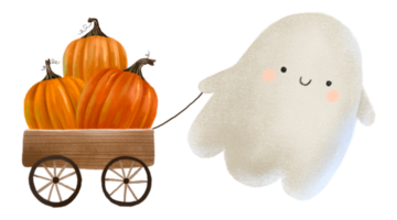 The ghost is pushing a wooden cart with orange pumpkins. Illustration for Halloween. Isolated element png