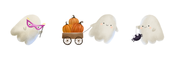 Halloween caspers avec mascarade rose masque, un camion avec citrouilles, et fantôme jouer avec noir araignée. marrant vacances isolé illustration png