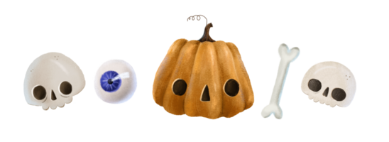 Halloween clipart with skulls, eye and orange pumpkin with face. Cute childish hand painted isolated elements png