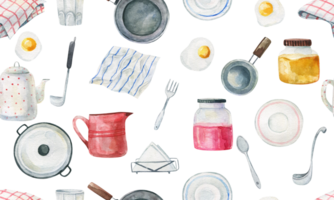 Kitchen utensils and kitchen tools seamless pattern.  Design with napkins, tablecloth, frying pan, saucepan, kitchen utensils, plates and eggs. Isolated loopable pattern png