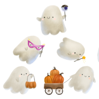 set of funny ghosts with pumpkin, truck lollipop and masquerade mask and magic wand. Cute childish isolated caspers png