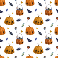 seamless pattern for Halloween with bat, spider, pumpkins and basket with candies, candy corns , lollipops. Endless childhood horror design png