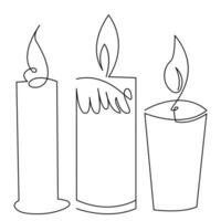 One continuous line drawing of candle lighted and Burning fire and melting candle Light in the dark black outline Vector illustration design