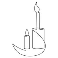 uno continuo línea dibujo de vela iluminado y ardiente fuego y derritiendo vela ligero en el oscuro negro contorno vector ilustración diseño