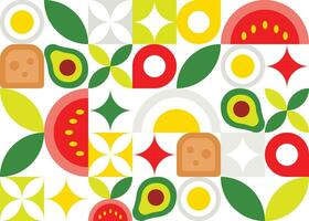 Bright seamless pattern of simple shapes with avocado, eggs, tomatoes and slices of bread. Vector abstract illustration. Breakfast products in the kitchen. Mosaic print