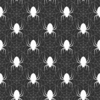 Seamless pattern with webs and spiders. Dark background in the Halloween theme. A terrifying vector illustration for printing on wrapping paper, booklets and flyers
