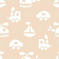 Seamless pattern with children's toys in the form of clouds. Cute vector background for boys, children's clothes, pajamas, wrapping paper in a delicate color