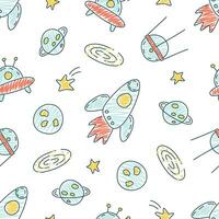 Seamless pattern with space, stars, rockets, planets and satellites. Children's vector illustration in the doodle style for printing on clothing, fabric, wrapping paper. Drawing with a marker