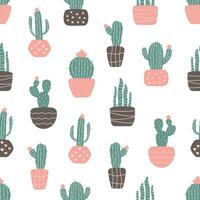 Seamless pattern with cactus in pots. Vector background with plants for textiles, stationery and wrapping paper