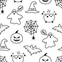 Seamless halloween pattern. Vector background with pumpkins, cobwebs, spiders, bats, ghosts, witch hats and cauldrons. Illustration for printing on wrapping paper, invitations and fabric