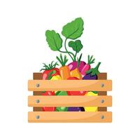 Wooden box with fresh vegetables on white background. Healthy vegan food. Autumn harvest. Vector illustration in a flat style