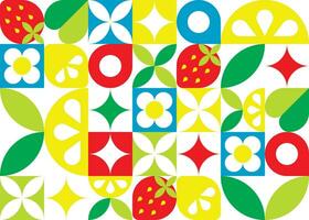 Summer seamless pattern of simple shapes with strawberries and lemon slices. Vector abstract illustration with fruit. Mosaic design