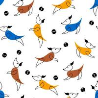 Seamless pattern with dogs playing ball. Vector autumn background with funny animals for printing on children's clothing, textiles, stationery and wrapping paper