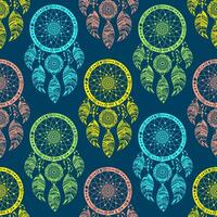 Dream catchers with bird feathers, colorful vector illustration on blue background. Ethnic Indian amulet in the boho style. Seamless pattern for printing on fabric and wrapping paper