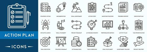 acción plan icono colocar. conteniendo planificación, cronograma, estrategia, análisis, tareas, objetivo y objetivo iconos vector