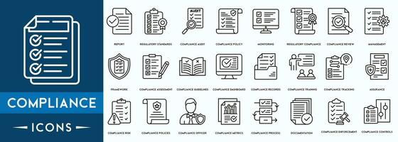 Compliance icon set. Checklist on the clipboard line icon with checkmarks, checklist, document, gear, Review, Compliance Management, Framework, Assessment outline icons. vector