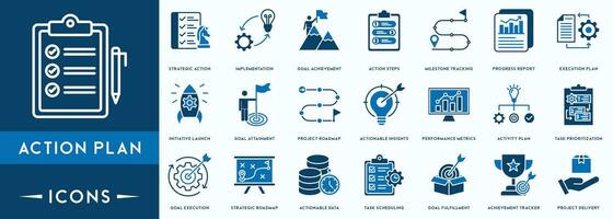 Action plan icon set. Containing planning, schedule, strategy, analysis, tasks, goal and objective icons. vector