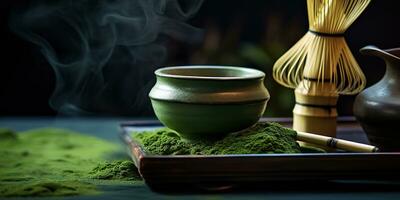 AI Generated. AI Generative. Traditional japanese asian matcha tea ceremony. Bowl, wooden dry organic spoon powder. Graphic Art photo