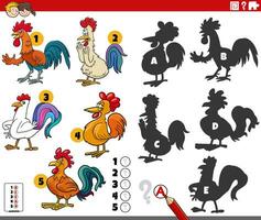 shadows game with cartoon roosters animal characters vector