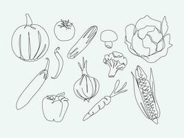 set of vegetables, fruit in one continuous line drawing style. vector illustration.