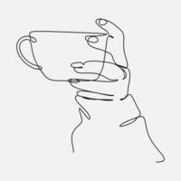 continuous line drawing of a hand holding coffee, tea in a cup. one single line. graphic design vector illustration.