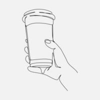 continuous line drawing of a hand holding coffee in a paper coffee cup. one single line. graphic design vector illustration.