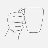 continuous line drawing of a hand holding coffee in a mug. one single line. graphic design vector illustration.