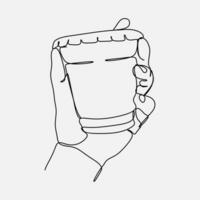 continuous line drawing of a hand holding coffee in a paper coffee cup. one single line. graphic design vector illustration.