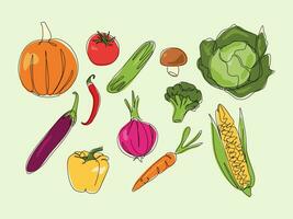 set of vegetables, fruit in one continuous line drawing style and colored. vector illustration.