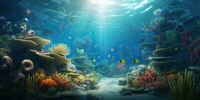 AI Generated. AI Generative. Marine nautical undersea water ocean seascape wild nature world. Diving adventure explore view. Graphic Art photo