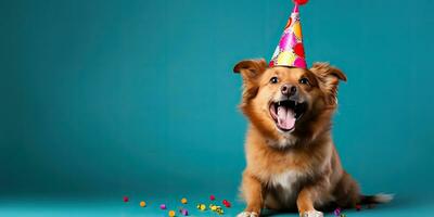 AI Generated. AI Generative. Cute funny dog pet in birthday party hat celebration. Graphic Art photo