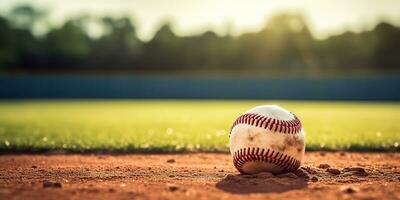 ai generado. ai generativo. Clásico retro americano tradicional juego deporte actividad béisbol pelota en campo césped base antecedentes. gráfico Arte foto