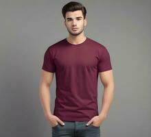 Young man wearing blank maroon t shirt mockup print presentation mockup ai generate photo