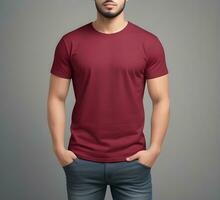 Young man wearing blank maroon t shirt mockup print presentation mockup ai generate photo