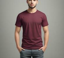 Young man wearing blank maroon t shirt mockup print presentation mockup ai generate photo