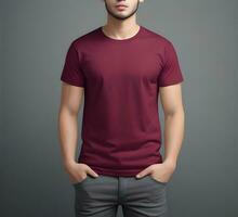 Young man wearing blank maroon t shirt mockup print presentation mockup ai generate photo