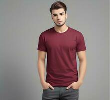 Young man wearing blank maroon t shirt mockup print presentation mockup ai generate photo