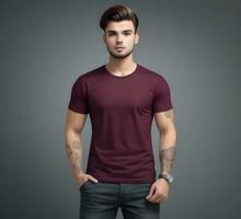 Young man wearing blank maroon t shirt mockup print presentation mockup ai generate photo