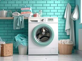 Washing of different towels in modern laundry room. Created with Generative AI technology. photo