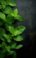 Fresh organic mint leaves ready for cooking on the kitchen table. Created with Generative AI technology. photo
