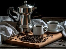 café taza con un moka maceta en paño textura antecedentes. creado con generativo ai tecnología. foto