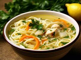 Homemade chicken soup with noodles and vegetables in a white bowl, white background. Healthy warm comfortable food. Created with Generative AI technology. photo
