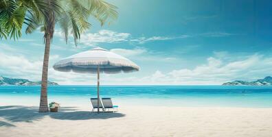 sillas y paraguas a lujo palma playa. tropical fiesta bandera con Oceano o mar. creado con generativo ai tecnología. foto